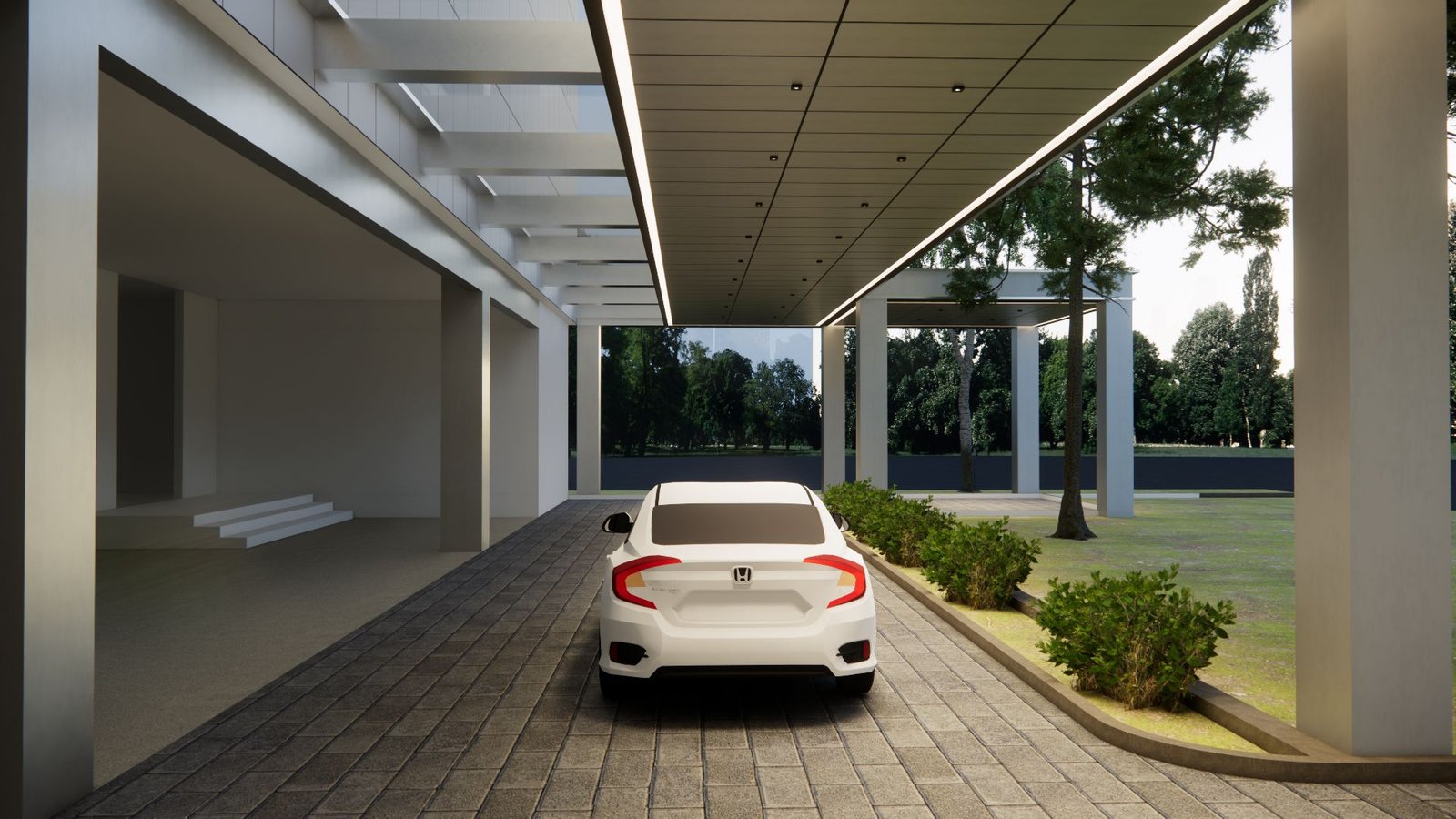 Driveway beratap dengan lanskap hijau