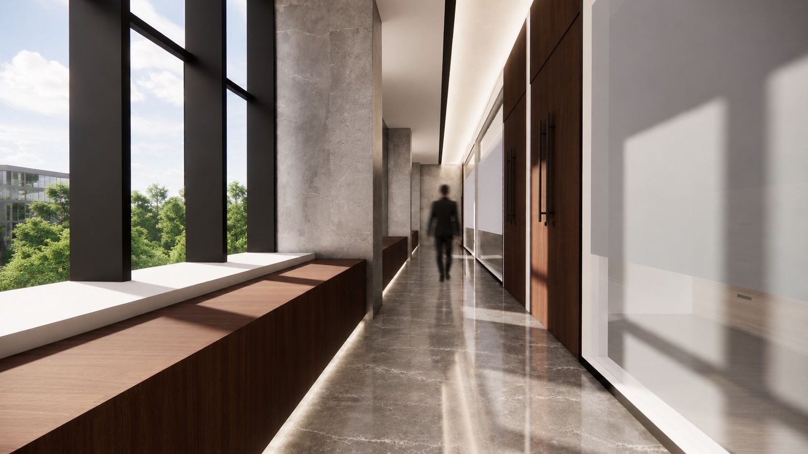 Koridor kantor dengan panel kayu dan marmer